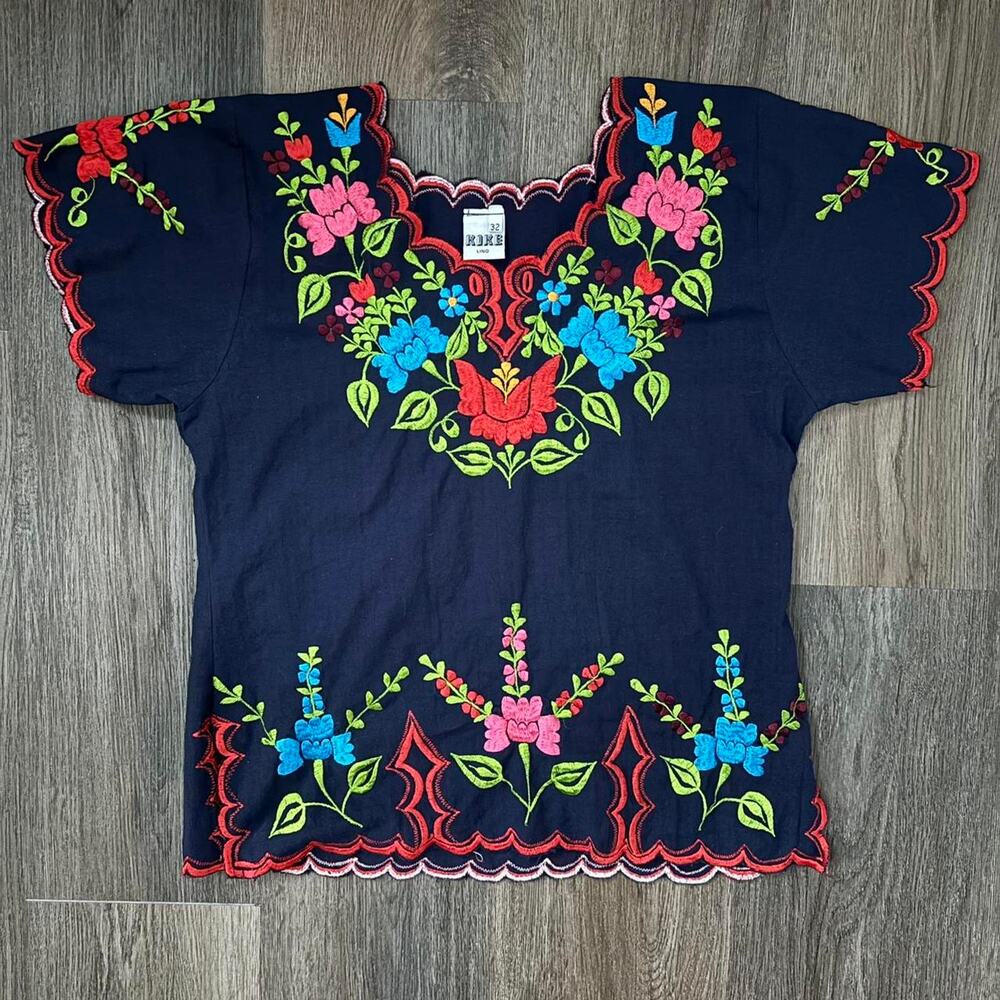 Vintage Kike Lino Navy Floral Embroidered Linen Blend Shirt